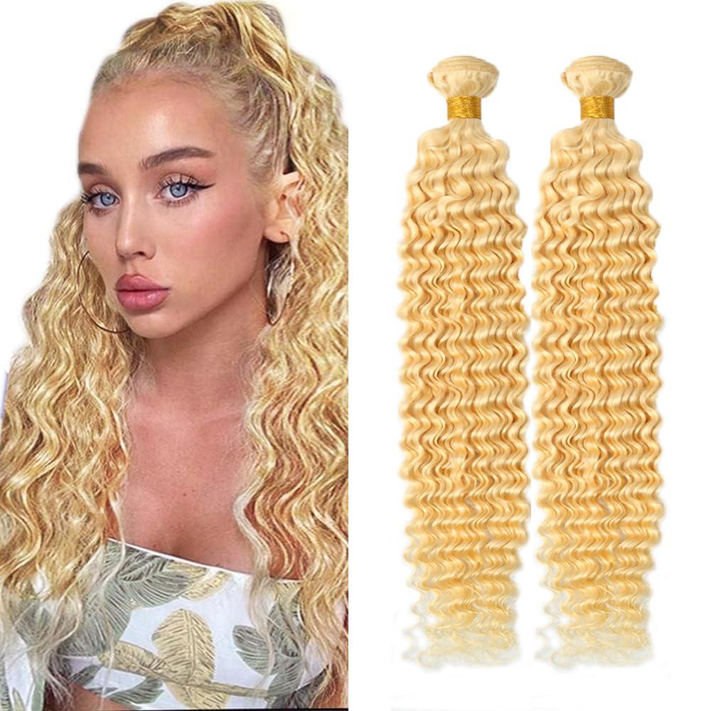 Blonde Bundles Human Hair 613 Deep Wave Bundles 16 16 Inch Brazilian Virgin Hair 2 Bundles Blonde Deep Wave Bundles Real Soft Hair Extensions for Women 200g