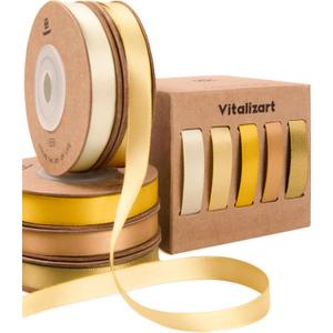 Vitalizart Gold Ribbons for Crafts 3/8" x 50 Yd Yellow Satin Ribbon Champagne Double Face Gift Wrapping Silk Like Fabric Flower Bouquet Birthday Party Decorations Bridal Shower Wreath Hair