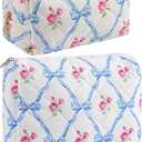 Makeup Bag Travel Cosmetic Bag for Women Girls, Zipper Make Up Pouch, Floral Flowers Toiletry Organizer Makeup, Portable Storage Bag, Cosmetic Travel Cloth Bag (2 Pack (L+S)/Blue Bowknot)