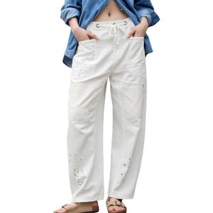 CHARTOU Women's Cargo Drawstring Barrel Jeans Wide Leg Mid Waist Denim Pants Loose Y2K Boyfriend Jeans Baggy (Medium,White)