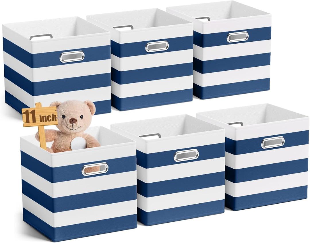 6 Pcs 11 Inch Fabric Storage Cubes with Metal Handle Back to School Classroom Supplies Navy Blue Striped Style Collapsible Bins Organizer for School Nursery Shelves Clothes Gift