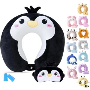 Travel Pillow for Kids Adult Cute Neck Pillow for Traveling Memory Foam Airplane Pillow Sleep Mask Animal Flight Pillow Head Rest Neck Support for Cars Long Flights (Penguin, 9-12 Y/O)