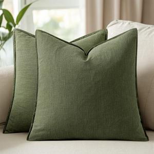 18x18 Inch Set of 2 Decorative Linen Solid Throw Pillow Covers Boho Accent Farmhouse Pillowcases Modern Neutral Spring Home Decor for Couch Sofa Living Room Bed, Dark Olive Green