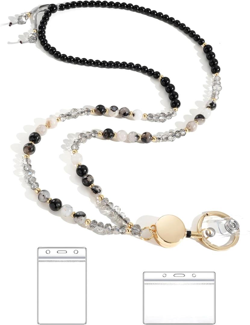 BettDecor Lanyards for ID Badges and Keys,Natural Stone Beaded Teacher Lanyard for Women,Retractable Lanyard with ID Holder Cute Lanyards (Black Tourmaline Quartz)