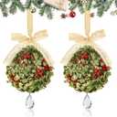 2 PCS Christmas Mistletoe Decoration Artificial Mistletoe Hanging Crystal Ornament Kissing Ball with Berry Bow for Doorway Home Xmas Tree Friendship Holiday Party Arch Ceiling Decor (Gold)