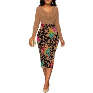 Women's Classic Bodycon Pencil Dress Formal Long Sleeve V Neck Sheath Casual Wrap Church Modest Business Outfits Party Work Dresses L
