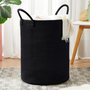 62L Black Woven Rope Laundry Basket Hamper for Clothes Tall Modern Blanket Storage Basket in Living Room Bedroom (Large)