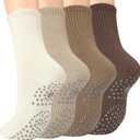 Toes Home Pilates Socks for Women with Non Slip Grippers, Yoga Crew Socks for Barre Hospital Exercise Workout Sticky Athletic Slipper Socks 4 Pairs Fall Brown Tan
