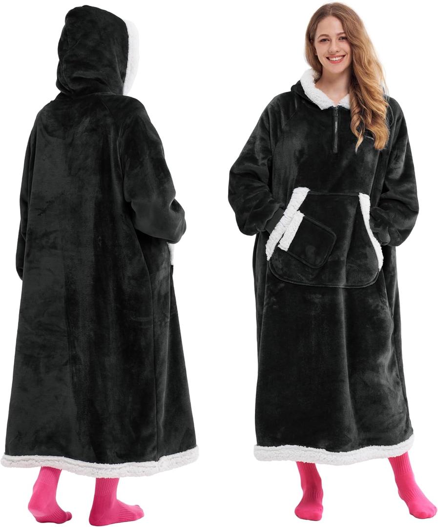 Giggling Getup Wearable Blanket Hoodie for Women Men Gifts for Women Mom Wife Sherpa Fleece Long Hooded Blanket Sweatshirt Cozy Sherpa Wearable Throw with Pocket & Sleeves for Adult Standard Black (Black)