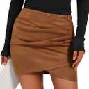 SOFIA'S CHOICE Women Faux Suede Skirt High Waist Ruched Asymmetrical Bodycon Mini Skirt Bronze Medium (Brown, M)