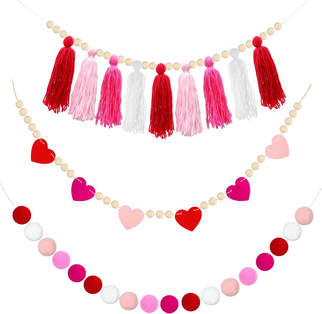 1 Piece Boho Tassel Garland 1 Piece Pom Pom Garlands Balls Garland and 1 Piece Wooden Bead Garland with Felt Heart for Valentine's Day Ornament Wedding Boho Home Party Baby Shower Supplies