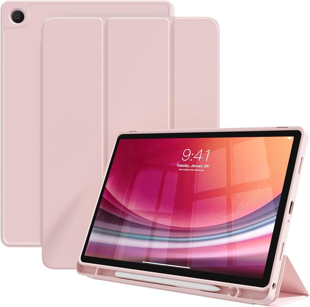 KenKe Case for Galaxy Tab A9 8.7 Inch Generation 2023 SM-X110/X115/X117 with Left Pencil Holder, Trefold Slim Stand Protective Cover with Soft TPU Back Shell, Shockproof & Auto Wake/Sleep, Pink