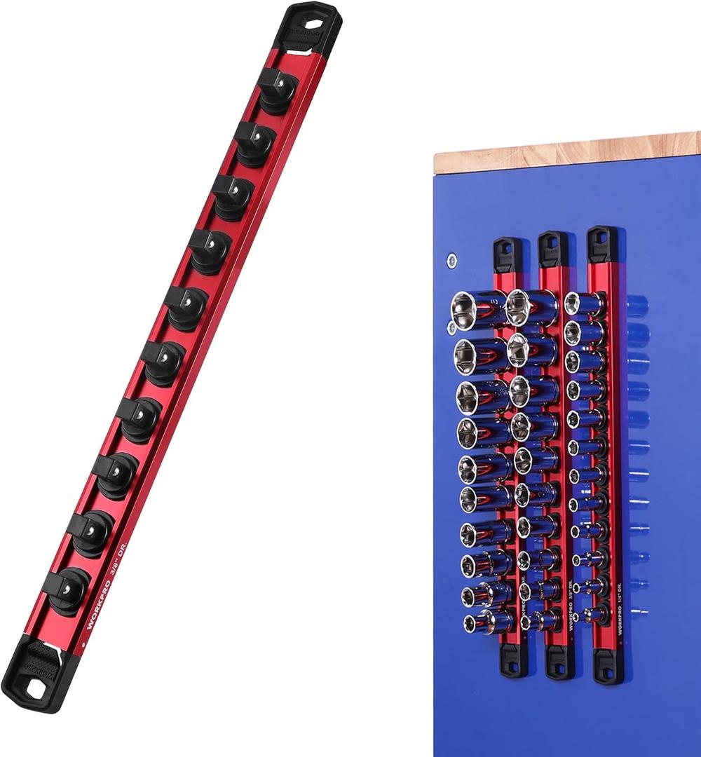 WORKPRO Magnetic Socket Organizer, 3/8" Drive Aluminum Alloy Socket Holder with 10PC Removable Socket Clips for Quick Customization, Socket Rail for Tool Box Drawer (Sockets Not Included) (Red)