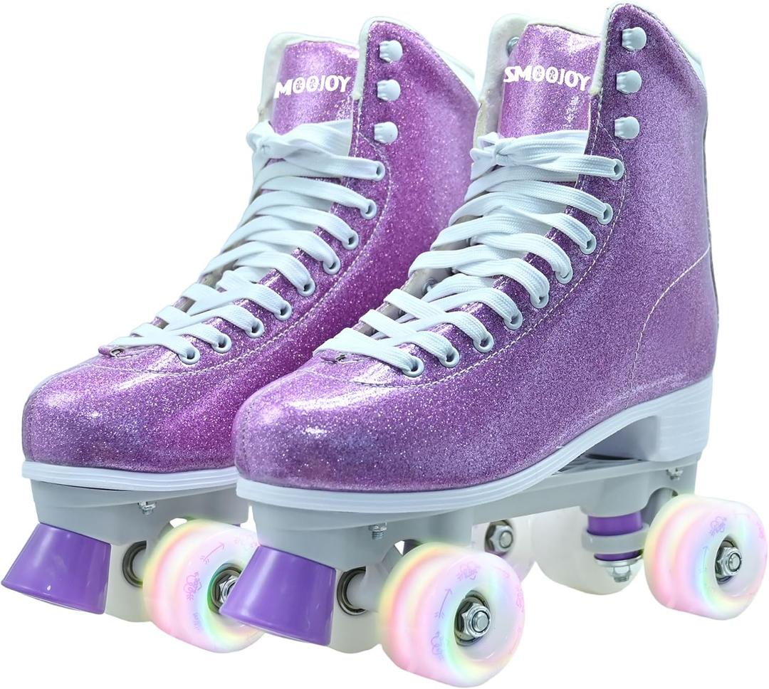 Womens Roller Skates, High Top PU Adult Derby Quad Skates Shoes Outdoor Shiny Double-Row Four Wheels Light Up Leather Rollerskates for Ages 8-50