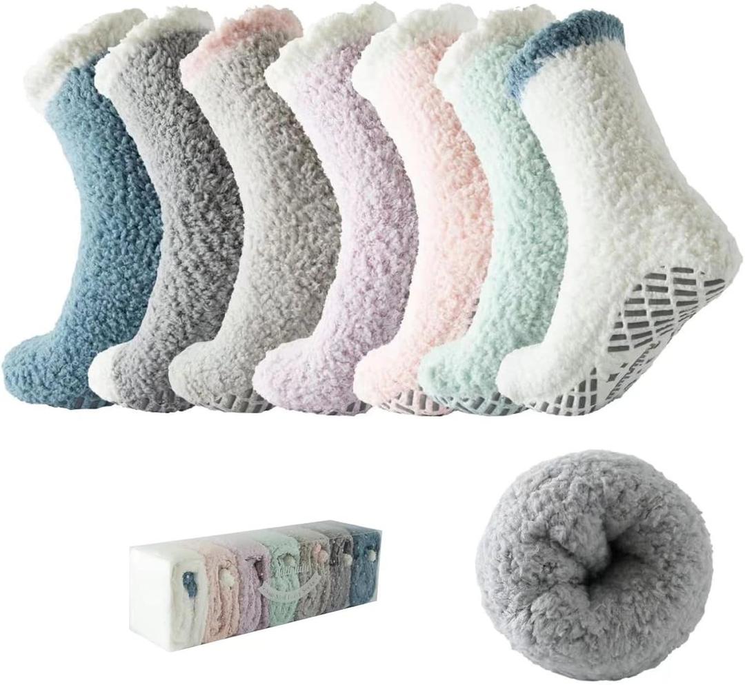 Bulinlulu Fuzzy Socks with Grips Plush Sleep Cozy Winter Soft Hospital Fluffy Socks Gifts for Womens Mens Gifts (Blue/Dark Grey/Brown/Purple/Pink/Green/White)