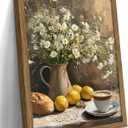 Vintage Framed Lemons Canvas Wall Art, Floral Kitchen Wall Decor, Coffee Paintings Pictures Prints, Rustic Neutral Daisy Canvas Poster Artwork for Living Room Bedroom Kitchen 16x24in