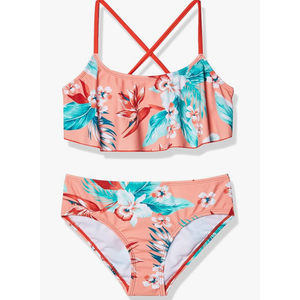 Kanu Surf Girls' Karlie Flounce Bikini Beach Sport 2 Piece Swimsuit Alania Floral Coral, Size 8