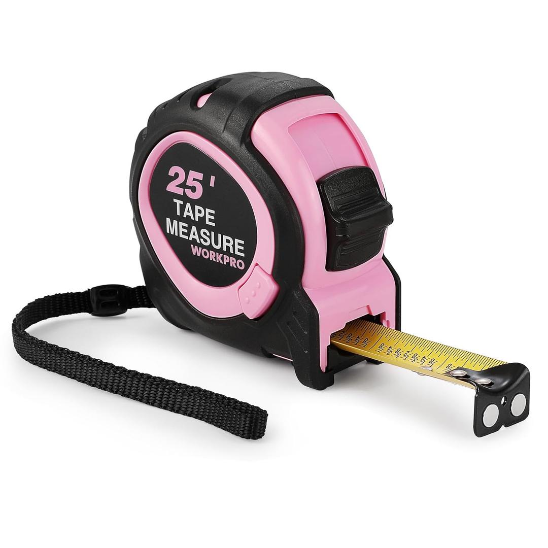 WORKPRO 25-FT Tape Measure with Fractions, 3 Brakes Retractable Measuring Tape, Compact Measurement Tape with Magnetic Hook, Nylon Coating Blade Accuracy 1/32, Pink