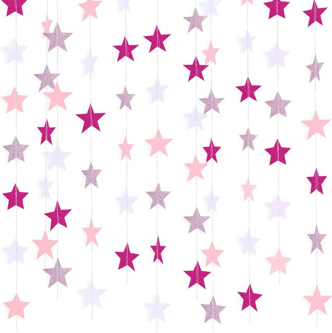 9 x Patelai Glitter Star Garland Banner 2026 Graduation Decor 130 Feet Star Hanging Banner Twinkle Backdrop for Party Birthday Classroom Wedding Supplies(Pink, Rose Red, White)