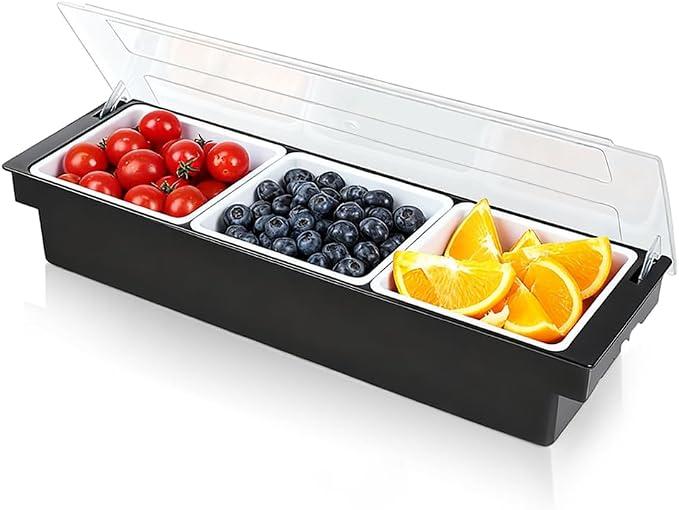 Bar Fruit Condiment Caddy With Lid,Bar Garnish Tray Caddy For Bartenders,Plastic Toppings Container For Fruits,Ice Cream,Salad(3 Compartment)