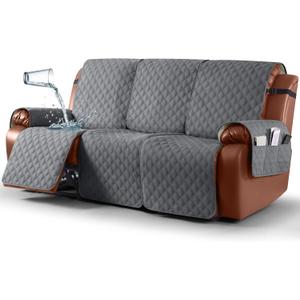Ruaozz Waterproof Recliner Couch Covers, Sofa Slipcovers Washable 1-Piece Reclining Sofa Covers Non-Slip Furniture Protector with Elastic Straps Pocket for Kids Pets (Dark Grey, 3 Seater)