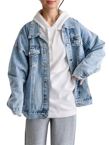LifeShe Oversized Denim Jacket Women Boyfriend Jean Jacket Trendy Loose Shacket Fall Trucker Coats, Large