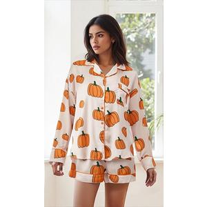 MBZJSDKHLK Women's Halloween Pajamas Set Silk Satin Ghost Pumpkin Print Long Sleeve Button Down Shirt 2 Piece Pjs Shorts Sets, L