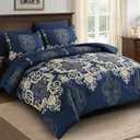 Mybedsoul Blue Gold Queen Comforter Set, 7 Pieces Boho Bed in a Bag for Queen Bed, Damask Comforter with Sheets Pillowcases, Soft Microfiber Lightweight Bedding Sets for All Season(90"x90")