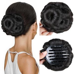 HANNE Hair Buns Hair Pieces for Women Fake Hair Bun Extension Hairs Chignon Pony Tail Bun Artificial Synthetic Hair Extension Women's Hairpiece messy bun hair piece (Natural Black)