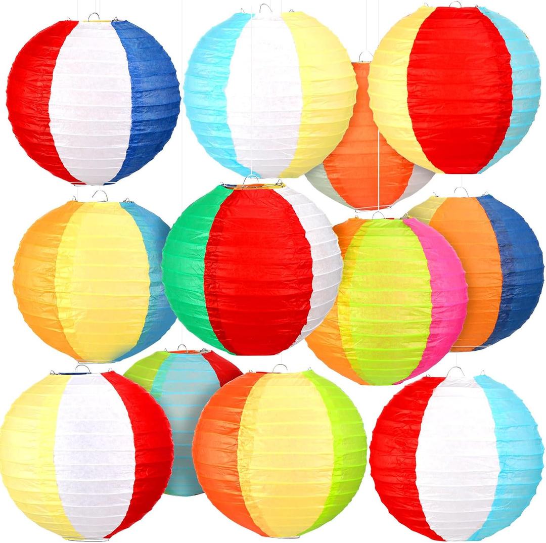 Panelee 12 Pcs 8 Inch Beach Ball Paper Lanterns Pool Party Decorations Summer Luau Themed Round Hanging Decorations for Office Classroom Home Outdoor Indoor Party Supplies