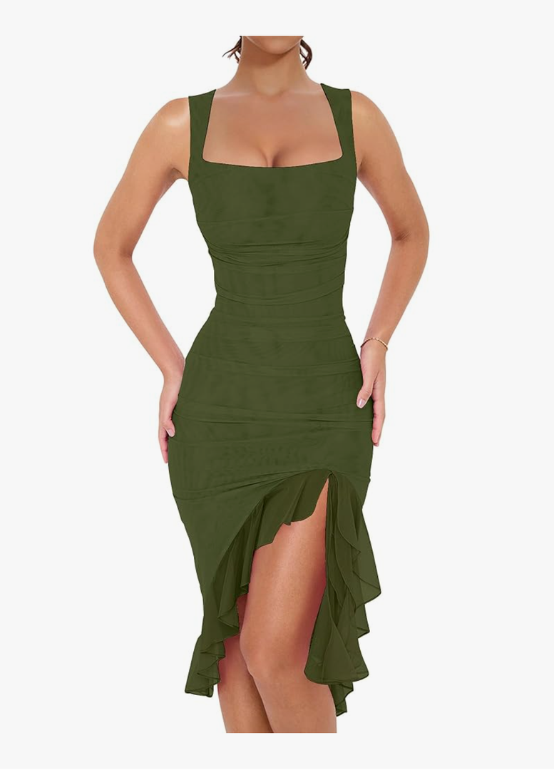 BORIFLORS Women's Sexy Ruched Bodycon Midi Dresses Square Neck Sleeveless Ruffle Hem Club Party Tank Dress, Size-XS