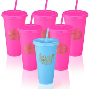 Birthday Squad Cups 24 oz Party Tumblers Plastic Tumblers with Lid and Straw for 20th 30th 40th 50th 60th Birthday Decorations Favor for Women Girls Adults(Blue, Rose Red,6 Pcs)