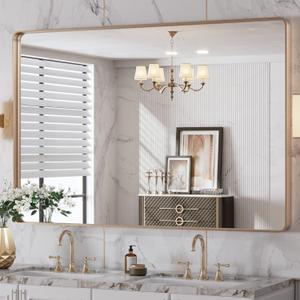 LOAAO 48”X32” Gold Bathroom Mirror, Rounded Rectangle Gold Frame Mirror, Brushed Gold Bathroom Vanity Mirror Wall-Mounted, Anti-Rust, Tempered Glass, Hangs Horizontally or Vertically