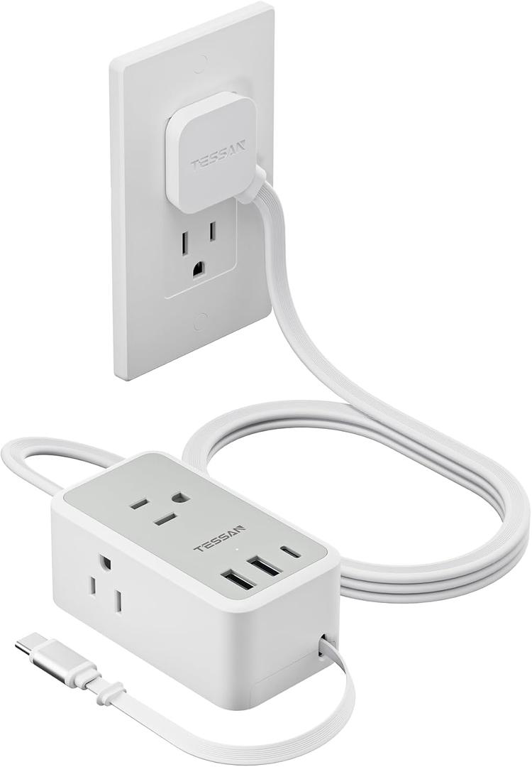 TESSAN Small Flat Plug Power Strip, Ultra Thin Extension Cord 5 ft, 3 AC Outlets 3 USB (1 USB C), 1 Retractable USB C Cable, Multiple Wall Outlet Extender for Cruise Travel Dorm Room Essentials (Gray)