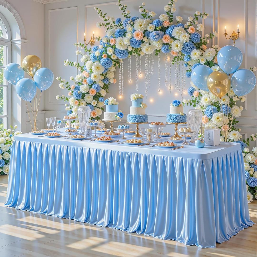 4FT Blue Satin Tablecloths for Rectangle Tables - Shiny Spandex Party Table Cover with Pleated Table Skirt, No-Wrinkle & Glossy Wedding Tablecloth One-Piece for Birthday Baby Shower Banquet Ceremony