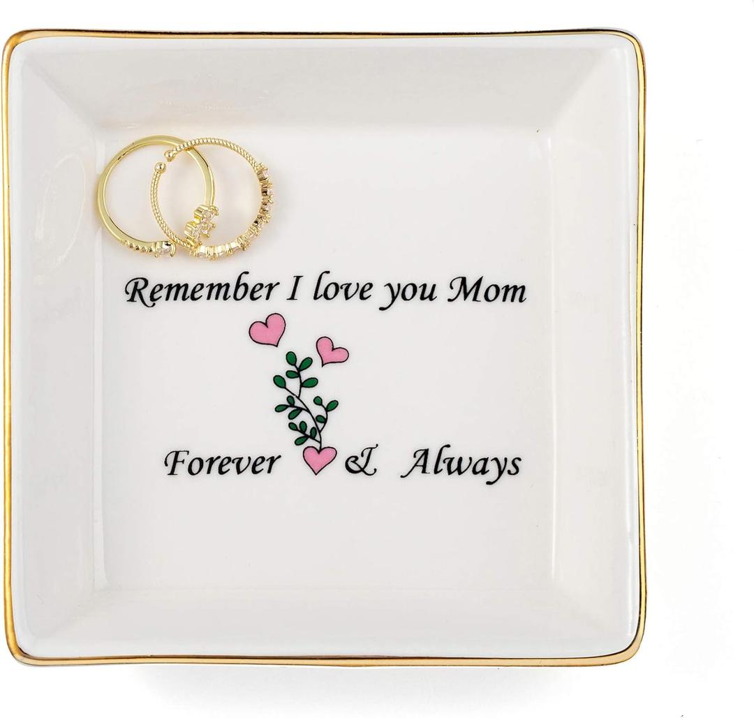 JoycuFF Trinket Dishes for Jewelry Mom Mother Birthday Christmas Mothers Day Gift Jewelry Tray for Rings Necklaces Bracelets Earrings Remember I Love You Mom Jewelry Dishes