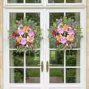 24 Inch Spring Wreath Artificial Wreaths for Front Door Summer Wreath with Dahlia Red Cardinals & Purple Berries, for Front Door Porch Window Farmhouse Year-Round Floral Decor Front Door Wreath