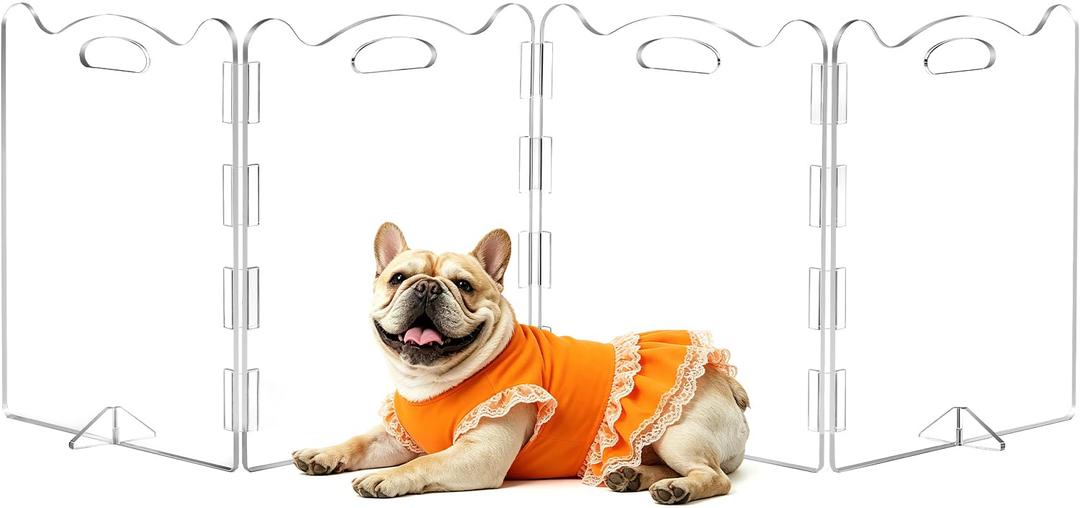 Clear Acrylic Freestanding Dog Gates, 4 Panel - 80''W x 24''H, Foldable Pet Gate with Upgraded Hinges & Stable Support Feet for Indoor Doorways, Stairs and Halls, Pet Barrier for Small Dogs Cats