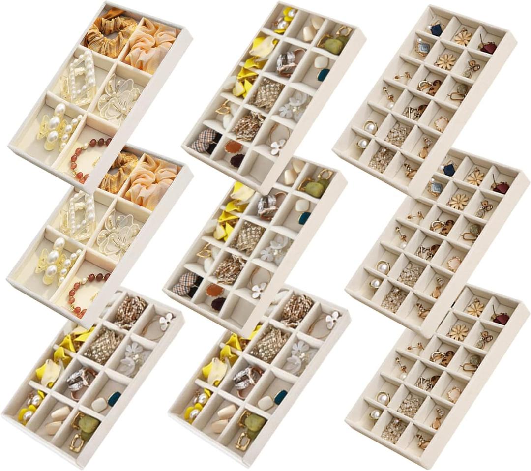 SPAKOWN Jewelry Organizer for Drawer Set of 9, Velvet Jewelry Tray Stackable Jewelry Organizer Display Trays Divided Earring Storage Containers (Beige)