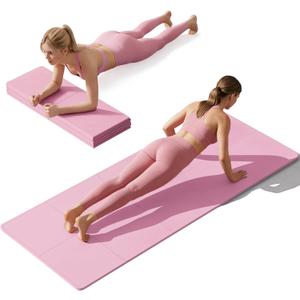 Foldable Yoga Mat Non Slip, Pilates Fitness Mats, 72" x 24" Extra Width Thick, Anti-Tear Exercise Mat with Carrying Strap and Bag, Workout Mats for Stretching,Yoga Studio,Gym or Home Workouts Pink