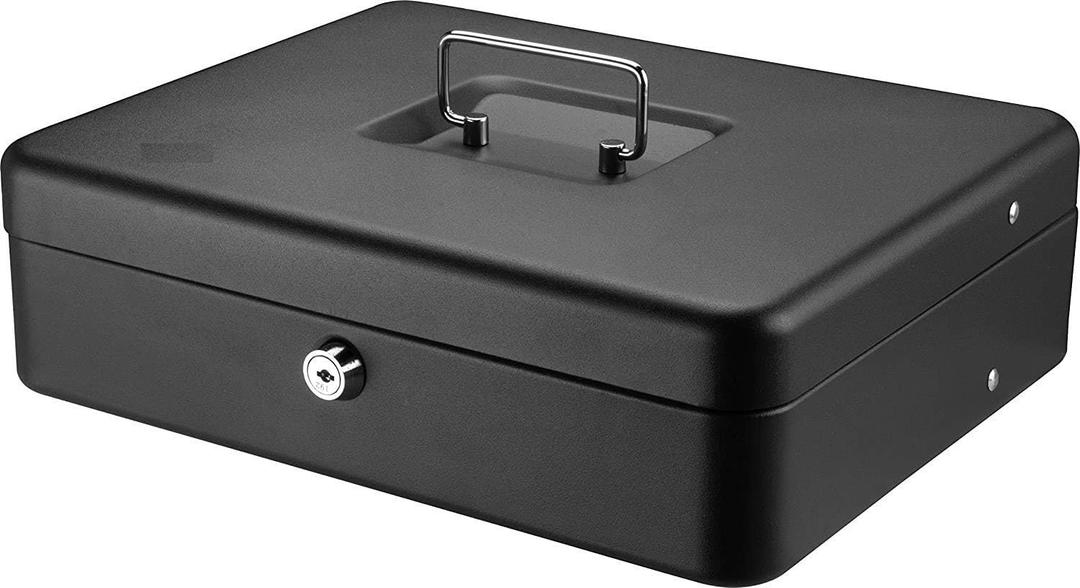 SentrySafe Black Money Saving Box with Cash Tray and Key Lock, Portable Safe Box with Carrying Handle, 0.21 Cubic Feet, 3.75 x 12 x 9.3 Inches, CB-12