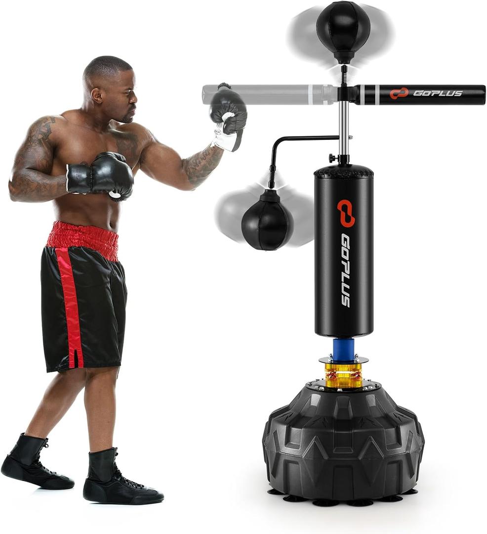 Goplus Boxing Speed Trainer, Freestanding Punching Bag 360 Spinning Bar with 2 Reflex Speed Balls, Shock Absorbers, Fillable Base, Height Adjustable Boxing Training Equipment for Teens Adults