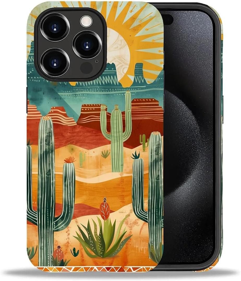 Compatible with iPhone 15 Pro Max Case, Desert Cactus Boho Pattern Print Phone Case Funny Liquid Silicone Case Impact Resistant Anti-Scratch Shockproof Protective Cover