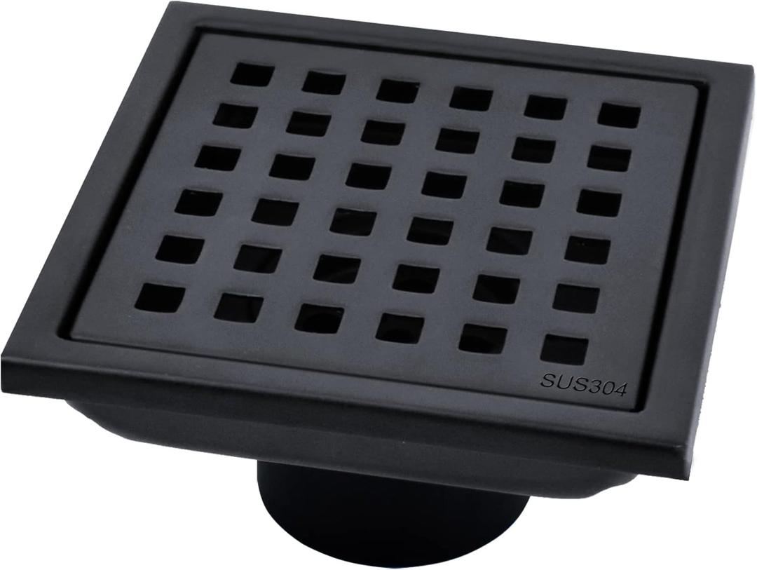4 inch Square Shower Drain with Removable Cover Grid Grate,SUS 304 Stainless Steel Tile in Floor Drain,Matte Black