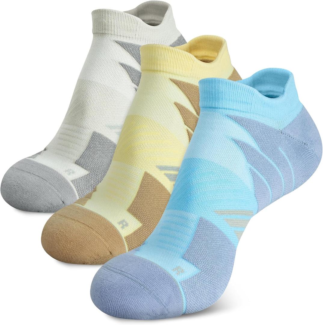 Hylaea No Show Running Athletic Anti-Blister Wicking Coolmax Socks, Seamless Anti-odor (Large, 3 Pairs Blue Gray Yellow)