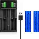 3.7 USB Battery Charger with 2 Pack 3,7 2200mAh Flat Top Battery Ni-MH, 2 Bay LCD Display Smart Universal USB Battery Chargers for Flashlights, Headlamps,Doorbells,RC Cars,Outdoor Garden Lights,etc