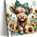 Cute Highland Cow Canvas Wall Art Amiable Sunflower Baby Calf Wall Decor Picture Rustic Farmhouse Wildlife Poster Print Painting for Bedroom Bathroom Baby Room Home Decoration Prepare To Hang