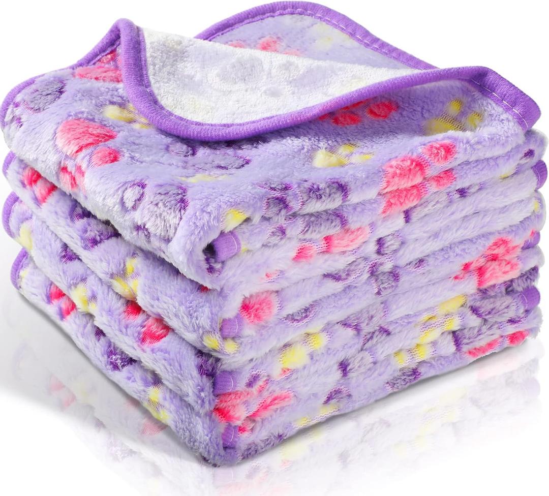 Tatuo 4 Pack Fleece Dog Blankets for Puppy Cats Multi-Size Sleep Mat for Pet Guinea Pig Soft Washable Warm Crate Bed Puppy Teething Toys Print Pattern Blanket Indoor(Purple,24 x 16 Inch,Paw)