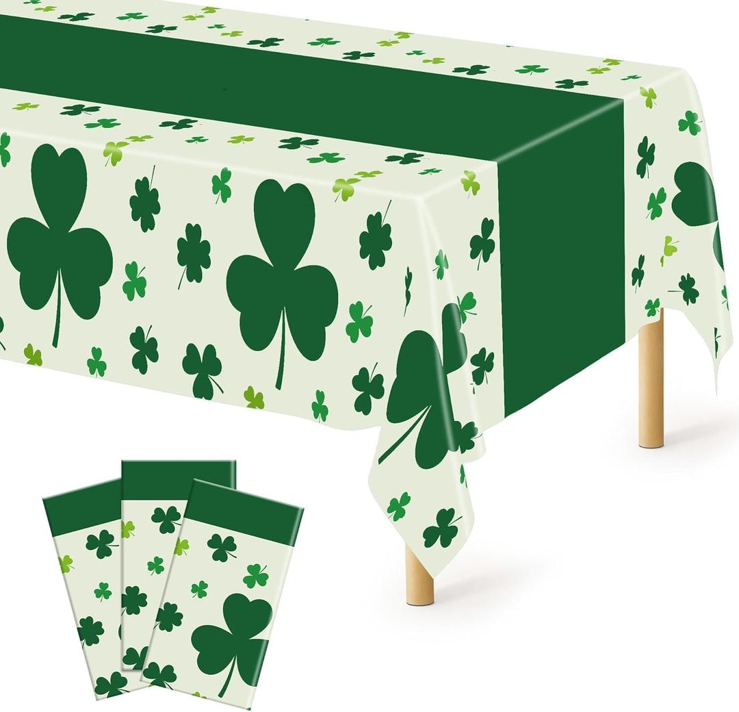 QZYL 3 Pack St Patricks Day Decorations, 108" X 54" St Patricks Day Tablecloth, Disposable Plastic Shamrock Green Tablecloths Grass Table Cover, Irish Holiday Table Cloth for Shamrock Party Supplies