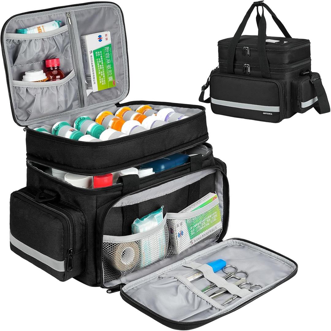 Large Pill Bottle Organizer, Double Layers Medicine Storage Bag with Lockable Zippers and Shoulder Strap,Medication Travel Bag for Prescription Bottles, Vitamins & Medical Supplies, Black (Bag Only)